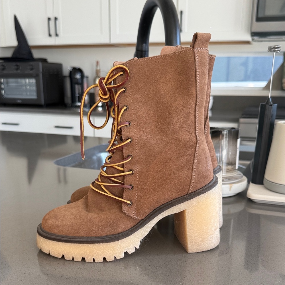 Free People Tan Suede Lace-Up Boots